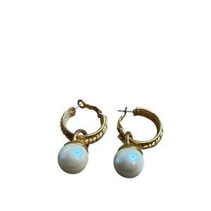 Vintage Goldtone Hoop Earrings With Dangling Faux Pearl 1.5 inches